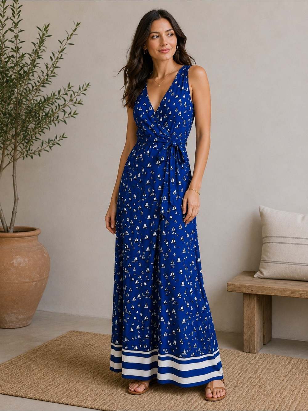 NWT Leota AHOY Sleeveless Surplice Neck Wrap Maxi Dress Sailboats Sz L 149296